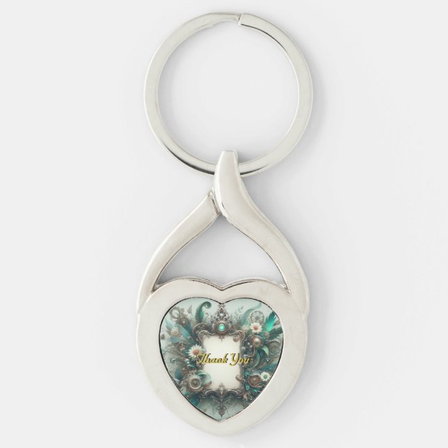Floral Steampunk Wedding Green and Silver  Key Ring (Front)