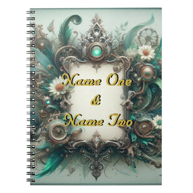 Floral Steampunk Wedding Green and Silver  Notebook (Front)