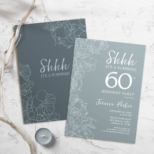 Floral Steel Blue Botanical Surprise 60th Birthday Invitation