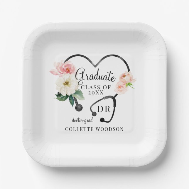 Floral Stethoscope Doctor Grad Graduation Party Paper Plate (Front)