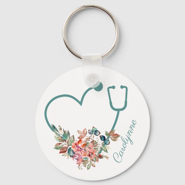 Floral Stethoscope Heart Caregiver Nurse Doctor Key Ring (Front)