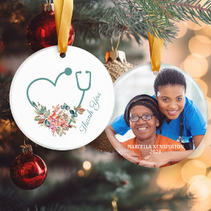 Floral Stethoscope Heart Caregiver Thank You Photo Ceramic Tree Decoration