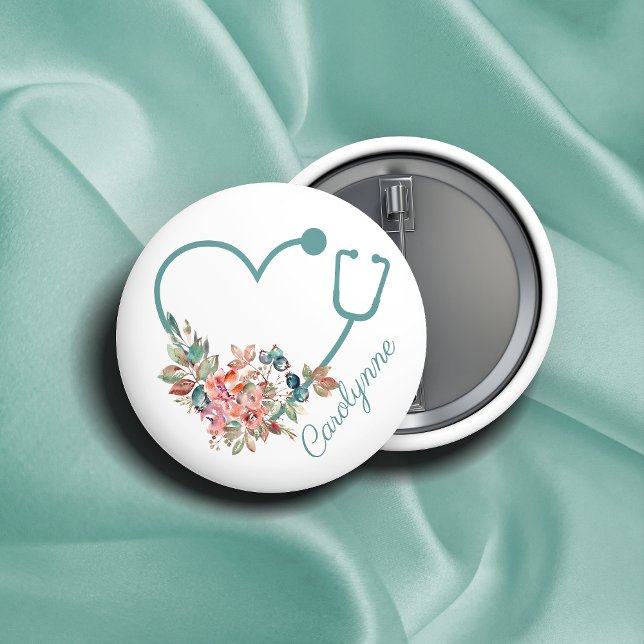 Floral Stethoscope Heart Medical Nurse Caregiver 6 Cm Round Badge (Creator Uploaded)