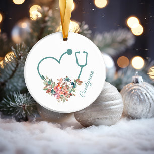 Floral Stethoscope Heart Medical Nurse Caregiver Ceramic Tree Decoration
