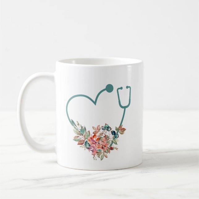 Floral Stethoscope Heart Medical Nurse Caregiver Coffee Mug (Left)