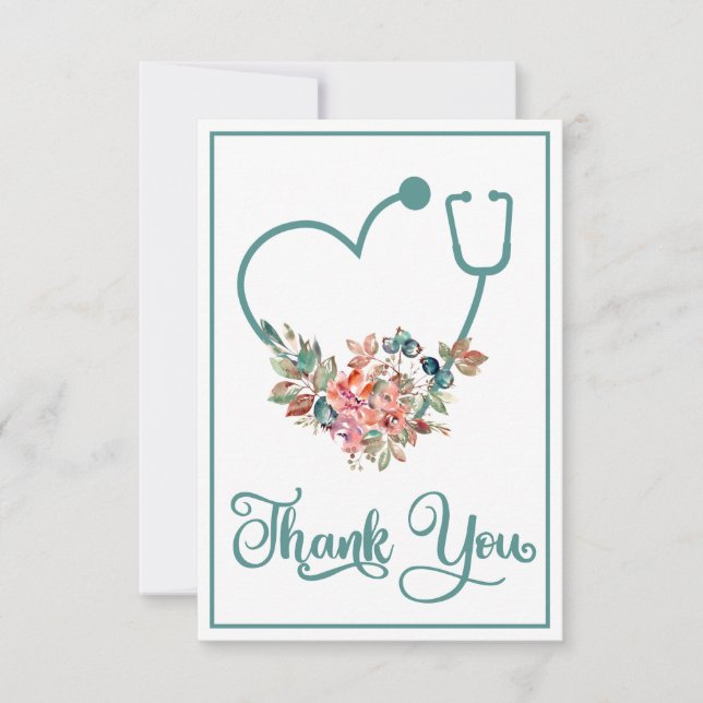 Floral Stethoscope Heart Nurse Doctor Caregiver Thank You Card (Front)