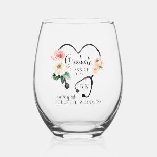 Floral Stethoscope Nurse Grad Class 2024 Stemless Wine Glass