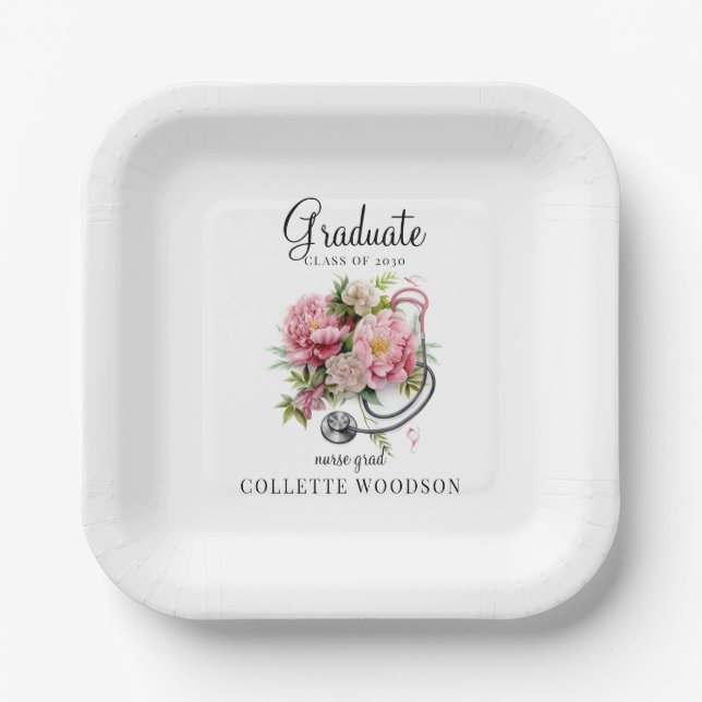 Floral Stethoscope Nurse Grad Class 20XX  Paper Plate (Front)