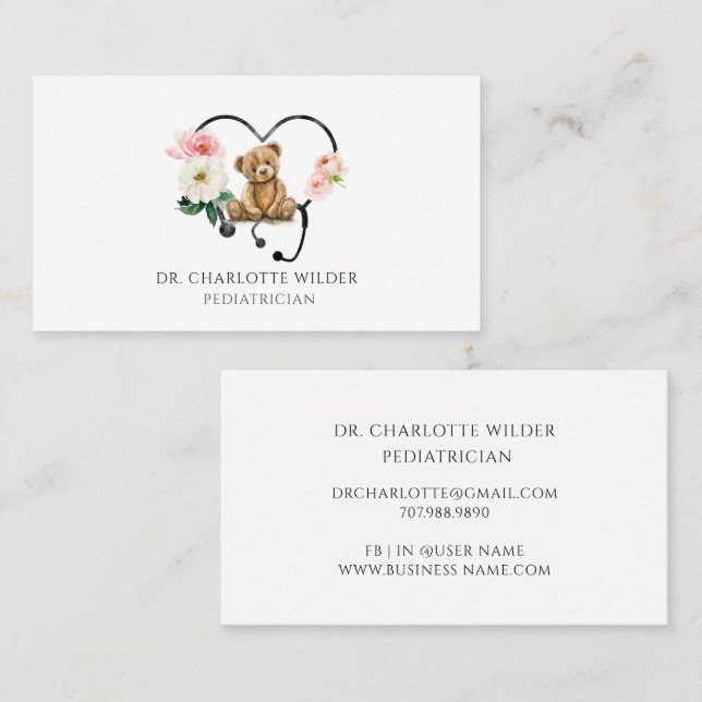 Floral Stethoscope Teddy Bear Paediatrician Business Card (Front/Back)