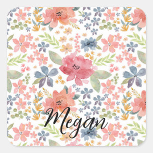 Floral Sticker- Cute Watercolor Flowers Square Sticker