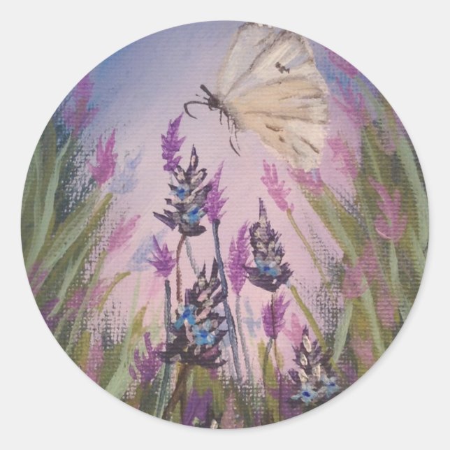 floral stickers, lavender and white butterfly classic round sticker (Front)
