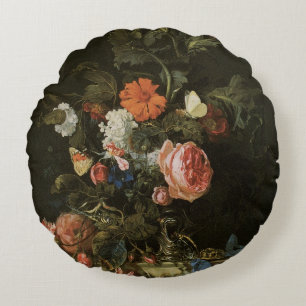 Floral Still Life Flowers in Vase, Vintage Baroque Round Cushion