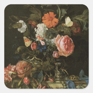 Floral Still Life Flowers in Vase, Vintage Baroque Square Sticker