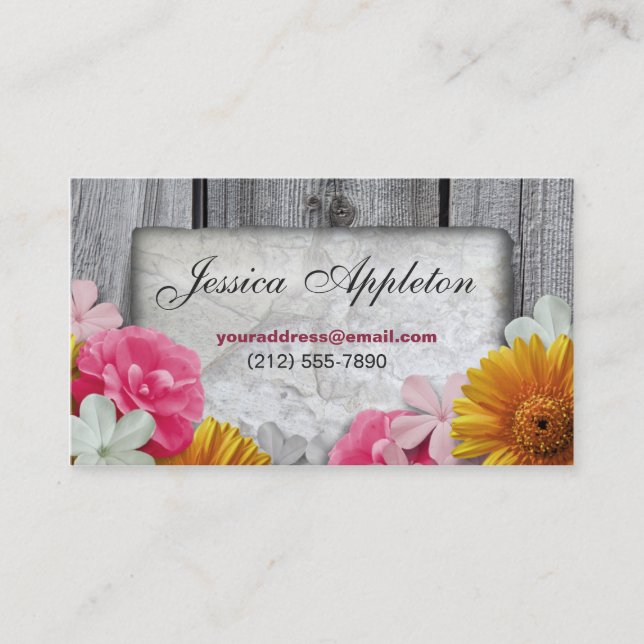 Floral Stone & Rustic Wood Personal Calling Cards (Front)