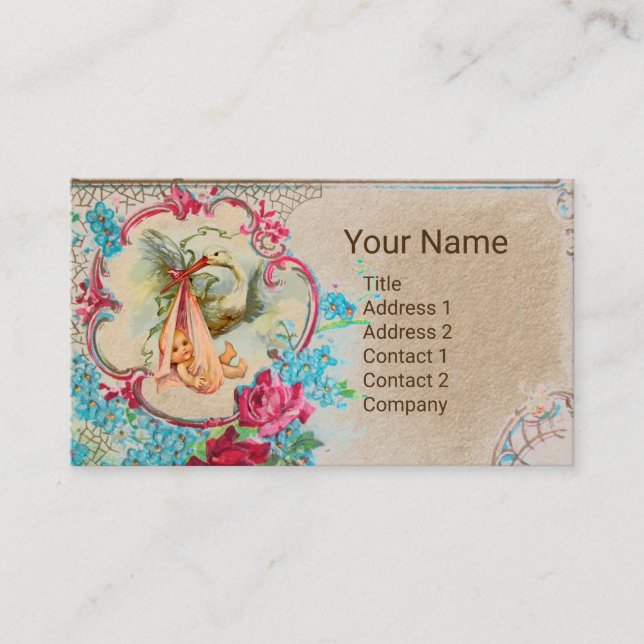 FLORAL STORK BABY SHOWER PINK ROSE MONOGRAM Kraft Business Card (Front)