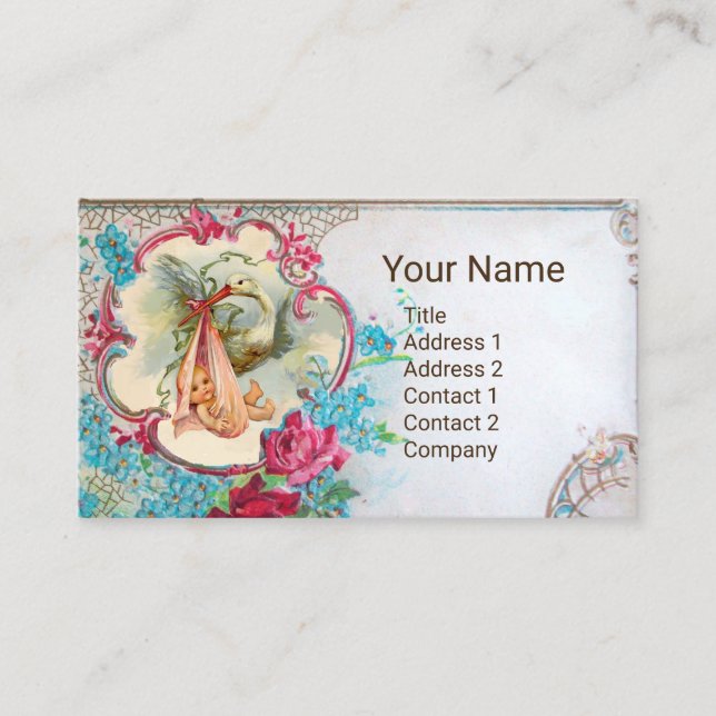 FLORAL STORK BABY SHOWER PINK ROSES MONOGRAM BUSINESS CARD (Front)