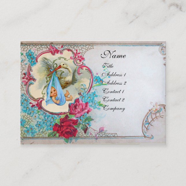 FLORAL STORK BABY SHOWER WITH ROSES MONOGRAM BUSINESS CARD (Front)
