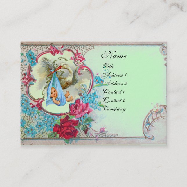 FLORAL STORK BABY SHOWER WITH ROSES MONOGRAM BUSINESS CARD (Front)