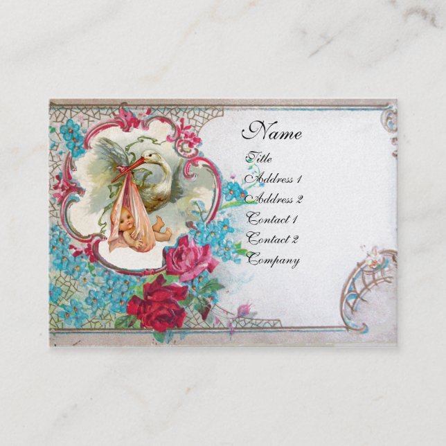 FLORAL STORK BABY SHOWER WITH ROSES MONOGRAM BUSINESS CARD (Front)