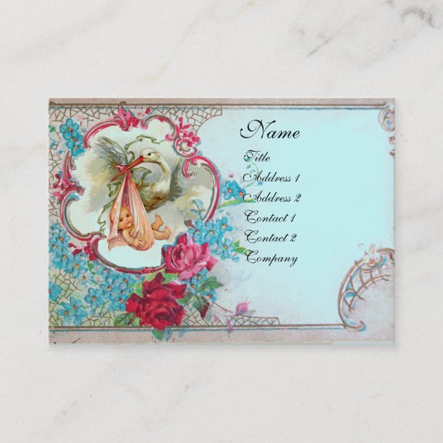 FLORAL STORK BABY SHOWER WITH ROSES MONOGRAM BUSINESS CARD (Front)