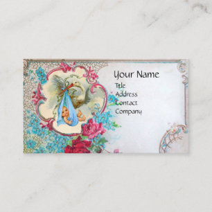 FLORAL STORK BABY SHOWER WITH ROSES MONOGRAM BUSINESS CARD