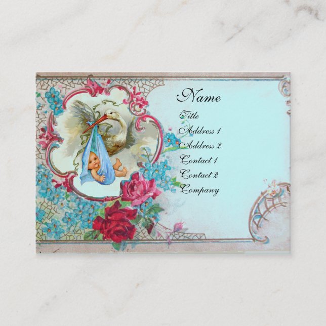 FLORAL STORK BABY SHOWER WITH ROSES MONOGRAM BUSINESS CARD (Front)