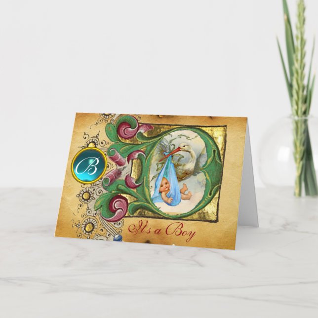 FLORAL STORK BOY BABY SHOWER BLUE GEM MONOGRAM INVITATION (Front)