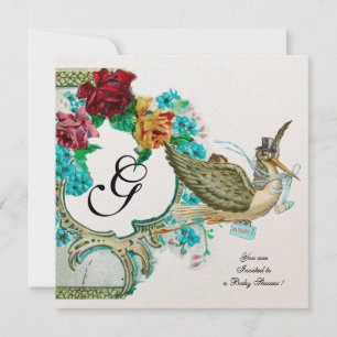 FLORAL STORK BOY BABY SHOWER MONOGRAM WITH ROSES INVITATION