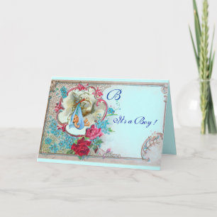 FLORAL STORK BOY BABY SHOWER ROSES BLUE FLOWERS ANNOUNCEMENT
