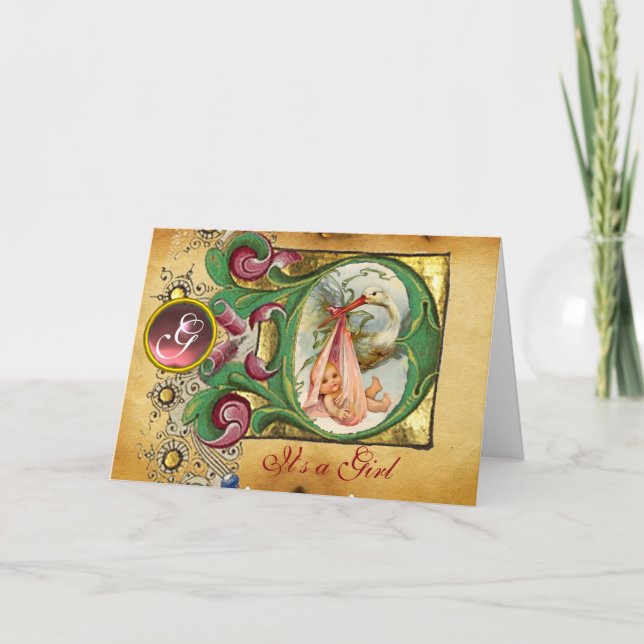 FLORAL STORK GIRL BABY SHOWER PINK GEM MONOGRAM INVITATION (Front)