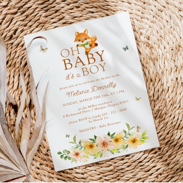 Floral Storybook Fox Oh Baby Boy Shower Invitation (Creator Uploaded)