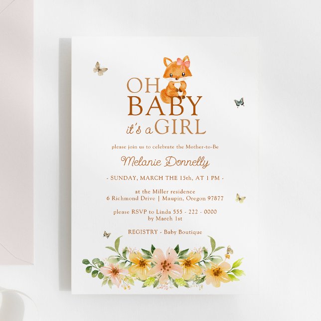 Floral Storybook Fox Oh Baby Girl Shower Invitation (Creator Uploaded)
