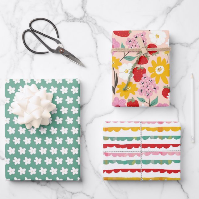 Floral Strawberry Dream Wrapping Paper Sheet (Front)