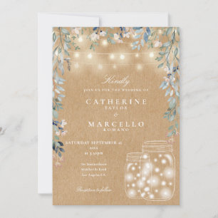 Floral String Light Mason Jar Rustic Kraft Wedding Invitation