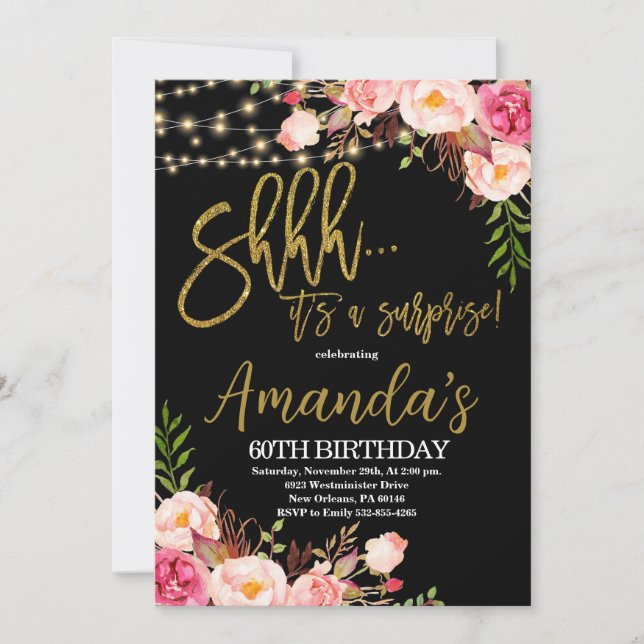 Floral String Lights Birthday,Chalkboard Birthday Invitation (Front)