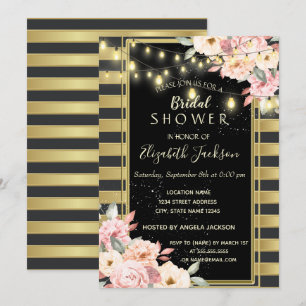 Floral String Lights,Gold Striped  Bridal Shower Invitation