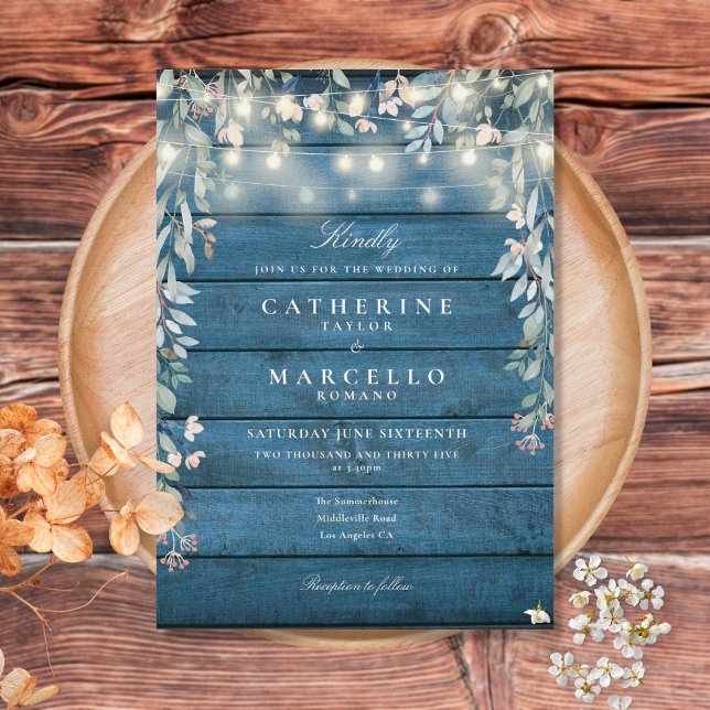 Floral String Lights Rustic Blue Wood Wedding Invitation (Creator Uploaded)