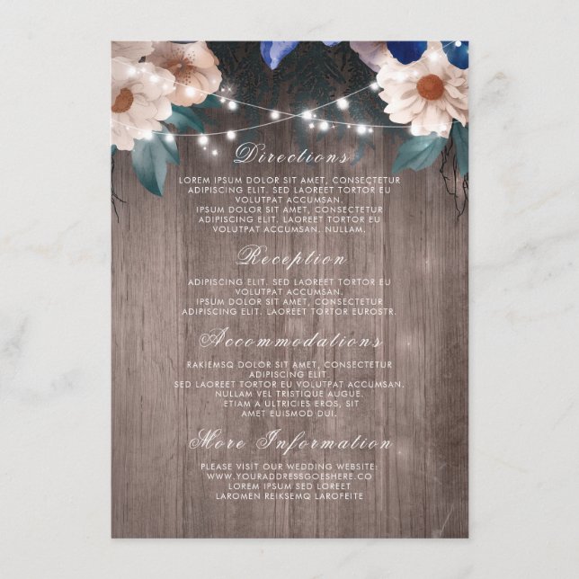 Floral String Lights Rustic Wood Wedding Details Enclosure Card (Front)