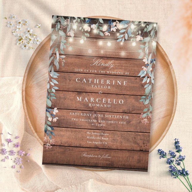 Floral String Lights Rustic Wood Wedding Invitation (Creator Uploaded)