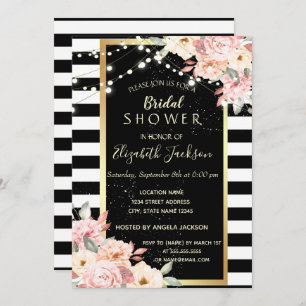 Floral String Lights, Striped Bridal Shower Invitation