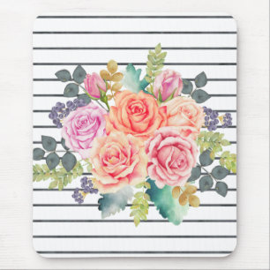 Floral Stripe Pattern Trendy Rose Mouse Mat