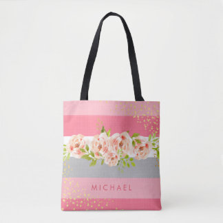 Floral Stripe Pink Peony Ranunculus Faux Gold Foil Tote Bag