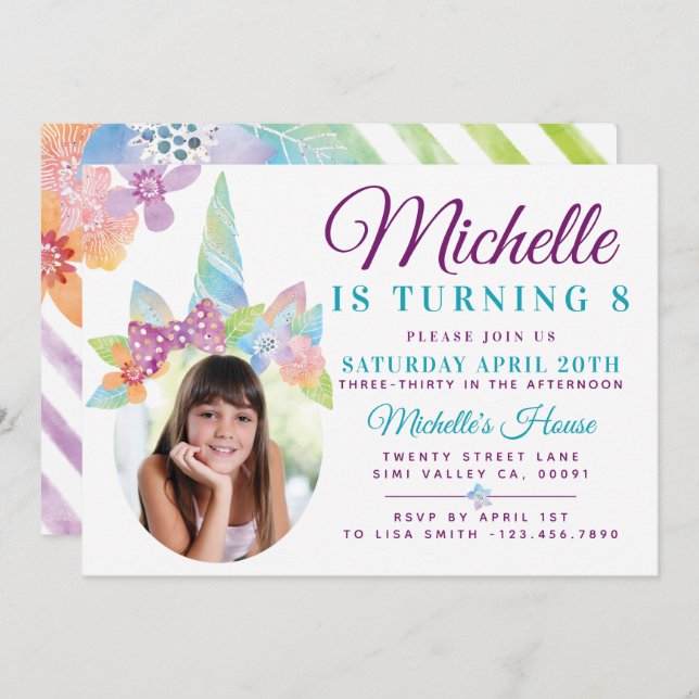 Floral & Stripe Unicorn Photo Birthday Invitation (Front/Back)