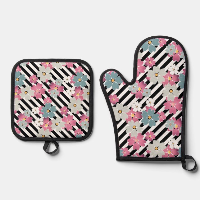 Floral, striped  oven mitt & pot holder set (Front)