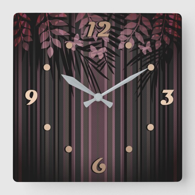Floral, striped, retro square wall clock (Front)