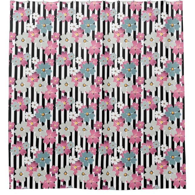 Floral, striped shower curtain (Front)