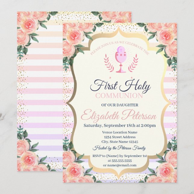 Floral Stripes Confetti First Holy Communion Invitation (Front/Back)