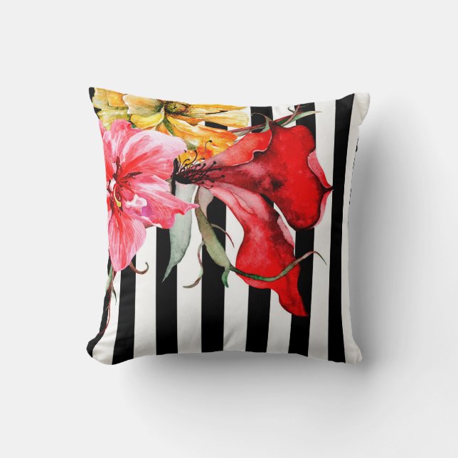 Floral Stripes - Flora Botanica | black and white Cushion (Front)