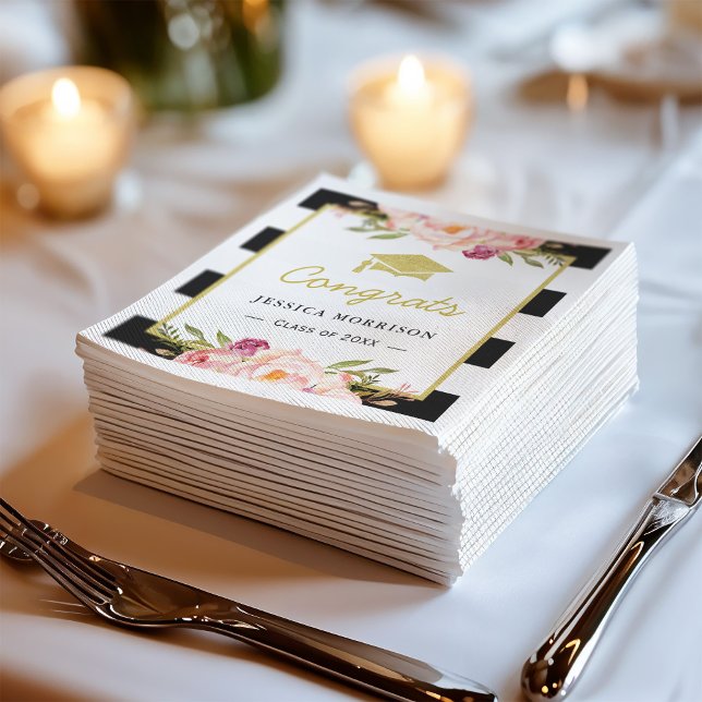 Floral Stripes Glam Congrats Grad Graduation Party Napkin (Creator Uploaded)
