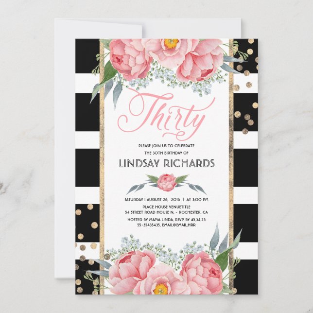 Floral Stripes Modern Gold Decor 30 Birthday Party Invitation (Front)